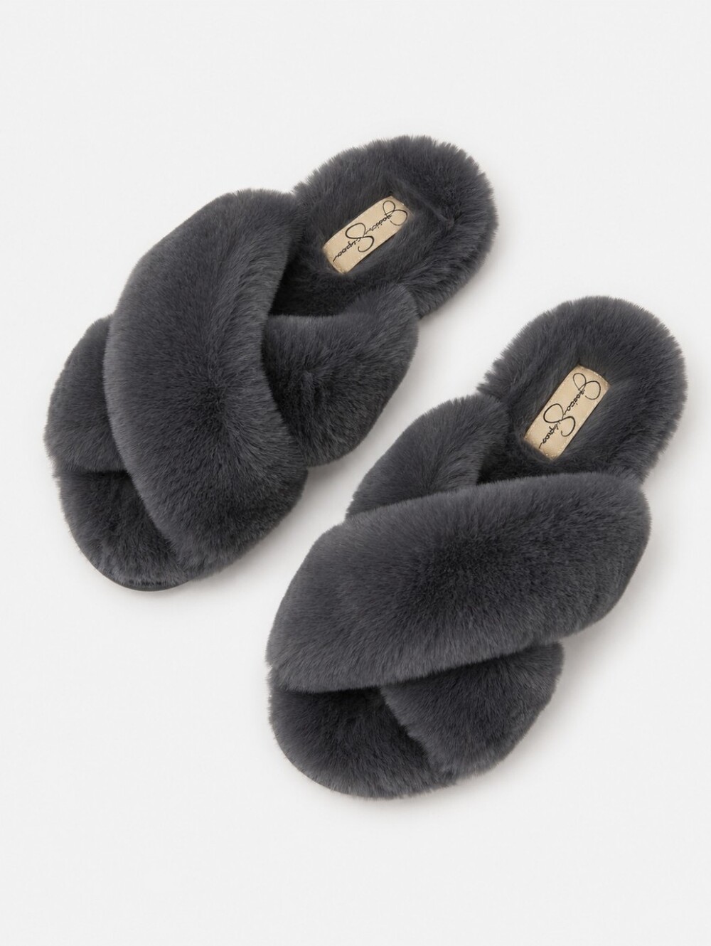 Jessica Simpson Cross Slide Slippers Faux Fur Grey Women Size Med 7-8 Cozy Y2K